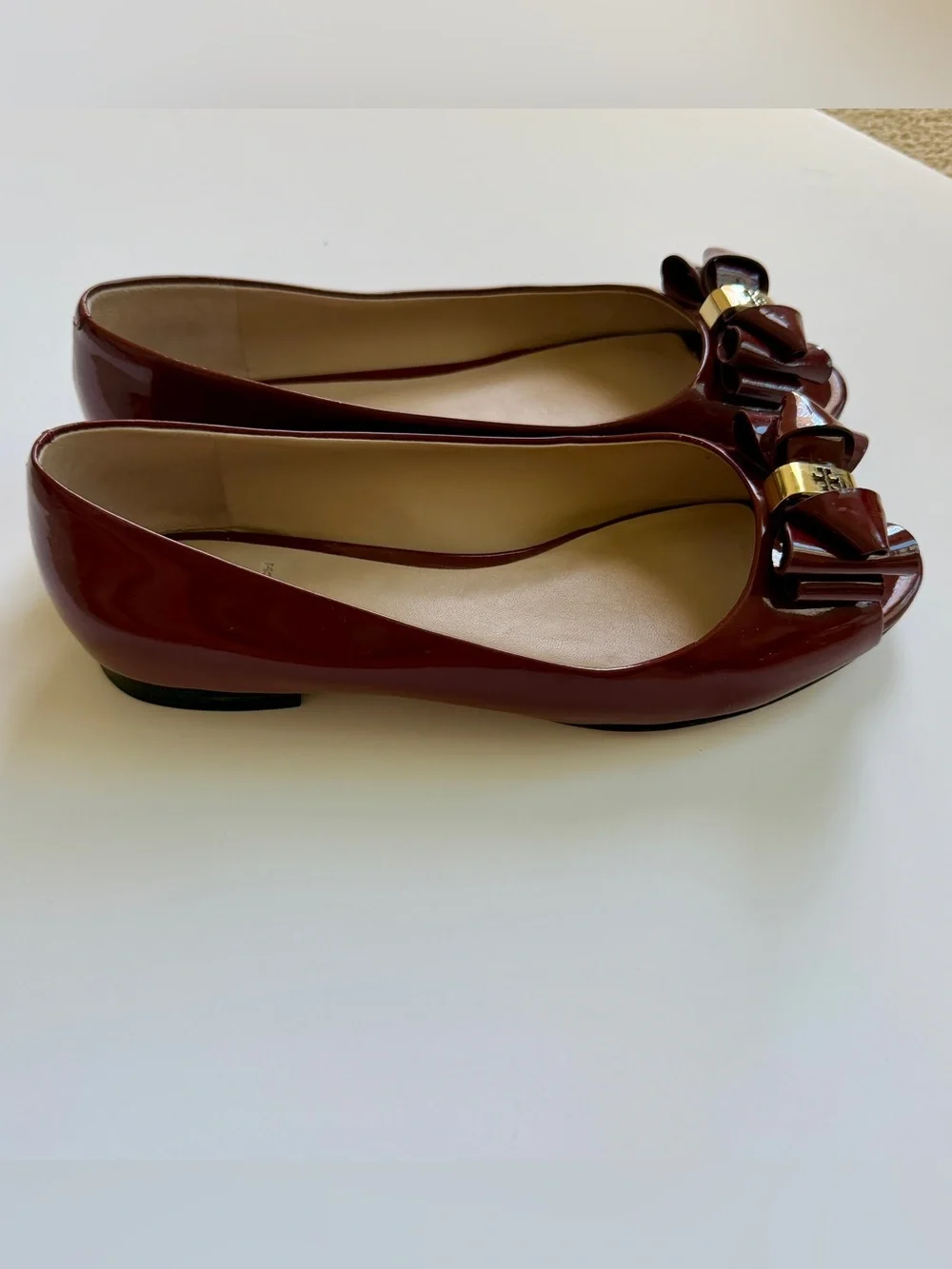 Tory Burch Maroon Patent Peep-Toe Bow Flats with Gold Logo Accent